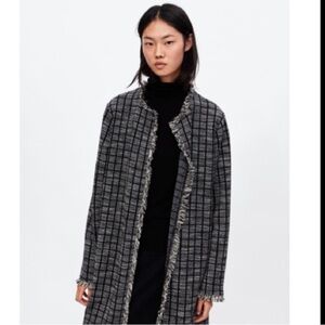 Zara Black Tweed Plaid Longline Caridgan Coatigan Fringe Fray Open Front Medium